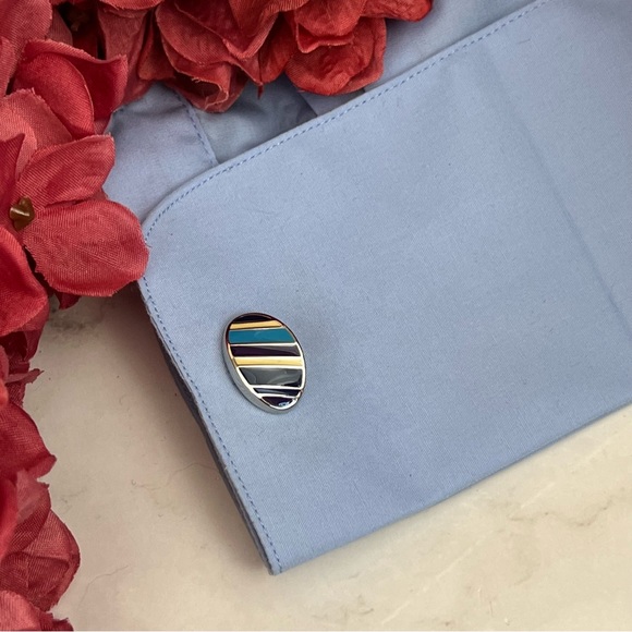Oval Navy, Blue, Silver and Yellow Stripe Cufflinks - Picture 10 of 16